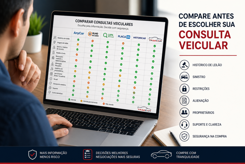 Pessoa comparando consultas veiculares pela placa antes de comprar um carro usado