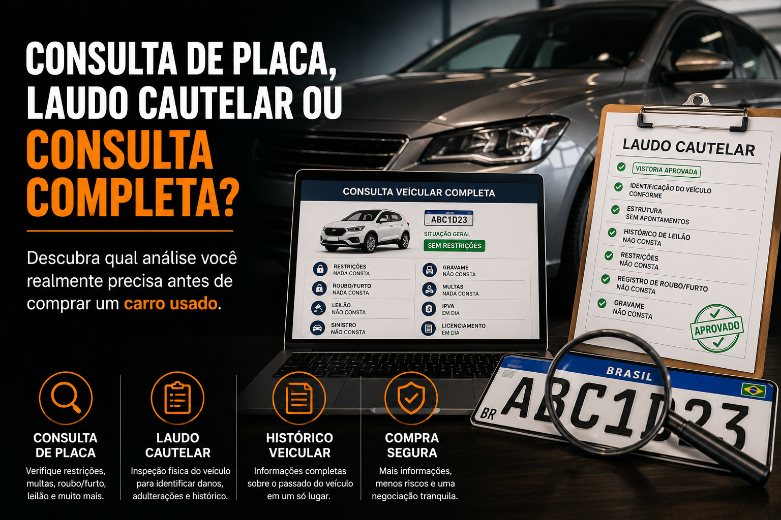 Consulta de placa e laudo cautelar em análise de veículo usado, ilustrando a comparação entre histórico veicular, inspeção física e consulta completa antes da compra.