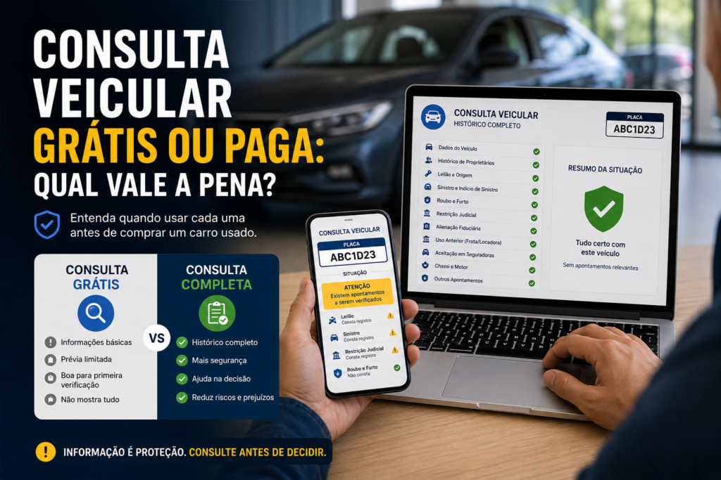 Pessoa comparando consulta veicular grátis e paga antes de comprar um carro usado
