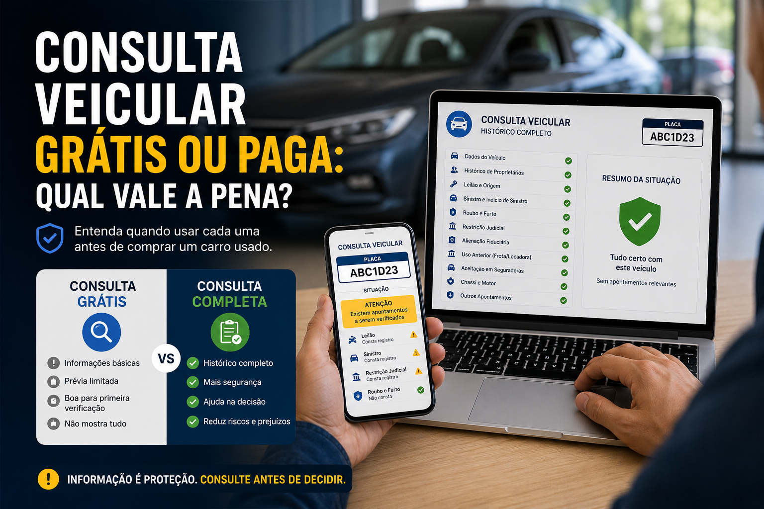 Pessoa comparando consulta veicular grátis e paga antes de comprar um carro usado