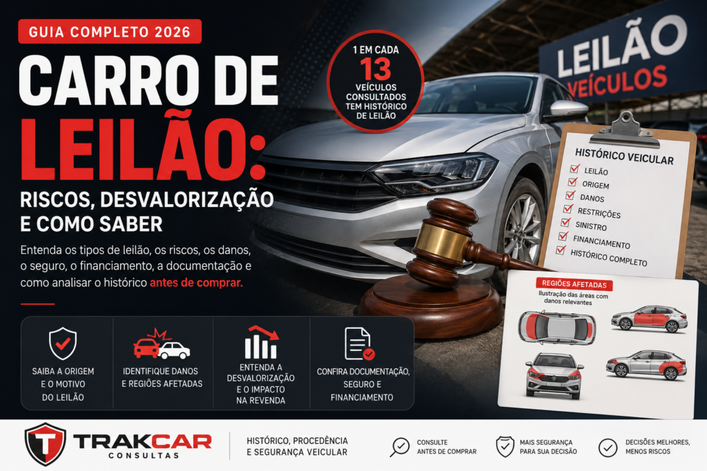 Guia completo sobre carro de leilão mostrando os tipos de leilão, riscos, regiões afetadas por danos, desvalorização, documentação, seguro e financiamento.
