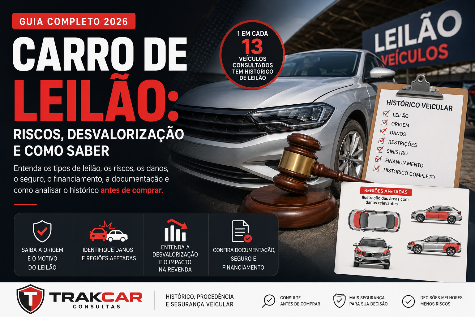 Guia completo sobre carro de leilão mostrando os tipos de leilão, riscos, regiões afetadas por danos, desvalorização, documentação, seguro e financiamento.