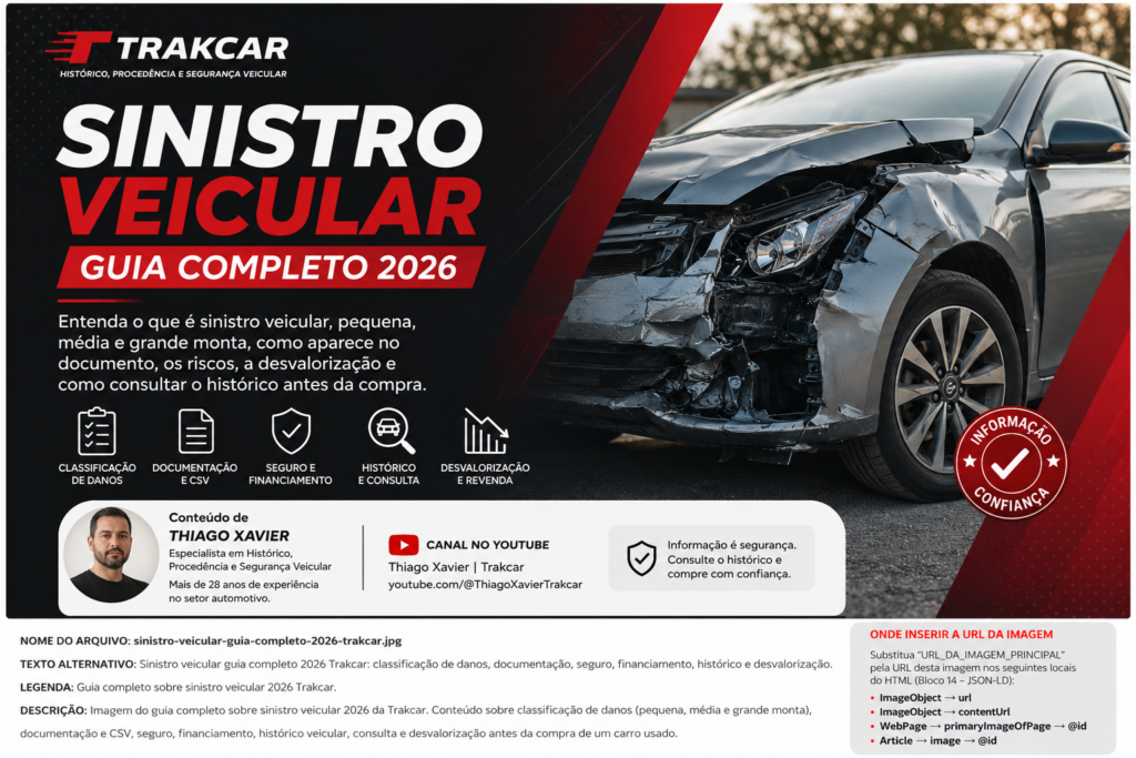 Guia completo sobre sinistro veicular com classificação de pequena, média e grande monta, documentação, seguro, financiamento, histórico e desvalorização.