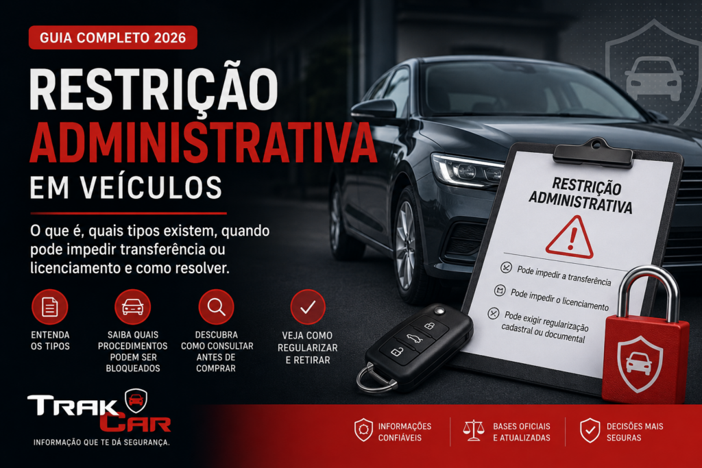 Guia completo sobre restrição administrativa em veículos mostrando um carro e documento de restrição administrativa.