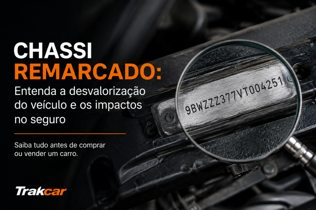 Chassi remarcado (REM) em veículo com destaque para a gravação do número do chassi, ilustrando os impactos na desvalorização do carro e no seguro automotivo.
