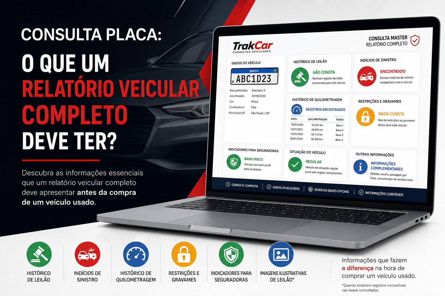 Consulta placa mostrando relatório veicular completo antes da compra de um veículo usado