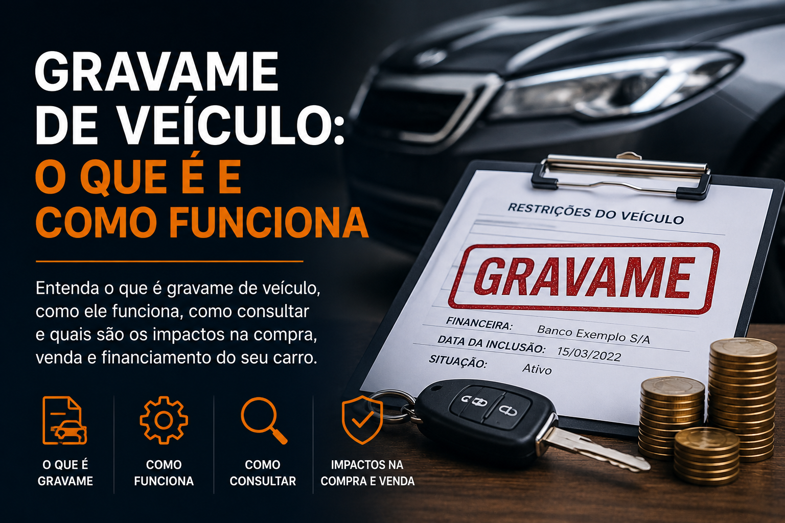 Documento de gravame de veículo ao lado de chave automotiva, ilustrando como funciona o registro de garantia financeira e seus impactos na compra e venda de carros.