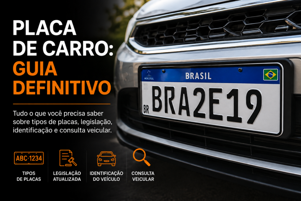 Placa de carro padrão Mercosul instalada em um veículo, ilustrando o guia completo sobre tipos de placas, identificação, legislação e consulta veicular.