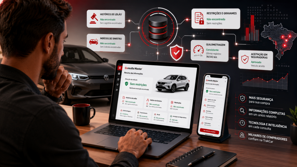 Motorista consultando o histórico de um veículo na plataforma TrakCar antes da compra.