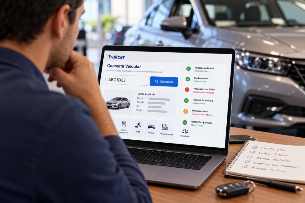 Consulta de histórico de veículo pela placa em computador antes de comprar um carro usado
