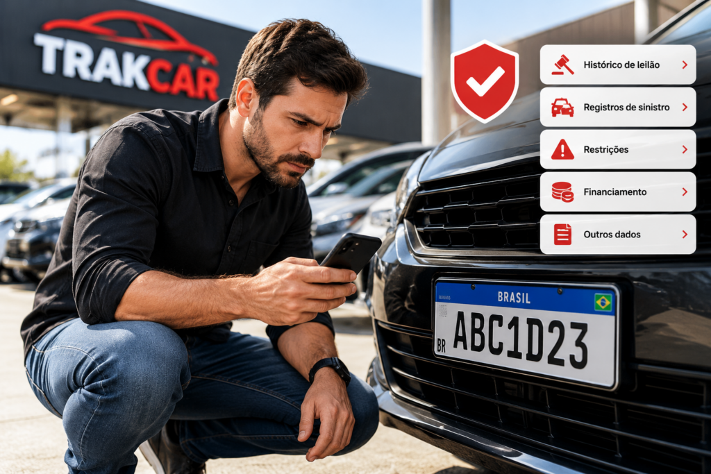 Homem consultando informações de um carro usado pela placa, com destaque para registros de leilão, sinistro, restrições e financiamento.